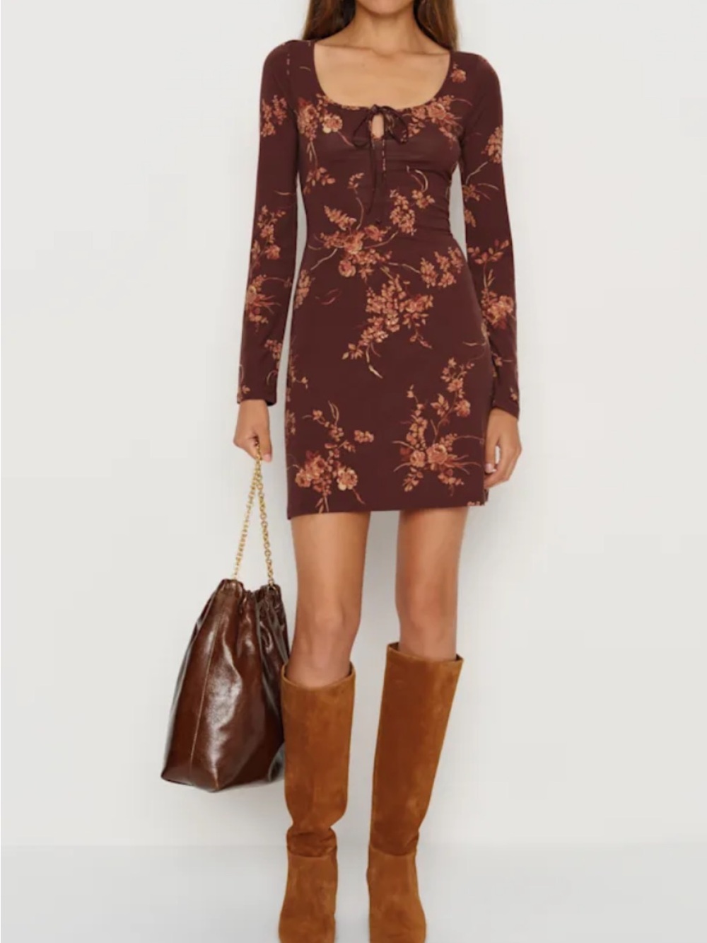 Reformation Maisie Knit Brown Orange Floral Long Sleeve Mini Dress Size L